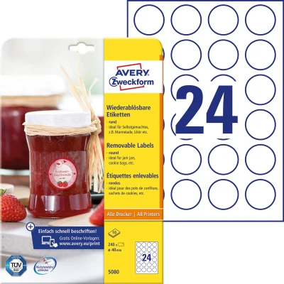 Afbeelding van Avery Zweckform Ronde Etiketten, Diameter 40 Mm, Wit, Afneembaar, 240 10 Vellen Etiket
