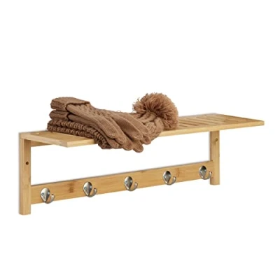Afbeelding van Relaxdays wandplank met 5 haken, bamboe, HBD: 18 x 62 16 cm, handdoekenrek, wandkapstok, badkamer of hal, natuur