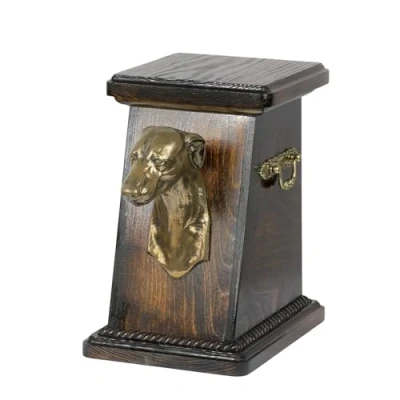 Afbeelding van Art Dog Custom Memorial Urn Handgemaakte Box Koudgegoten bronzen hondenkop op berkenbasis 19cmx32cmx30cm Whippet