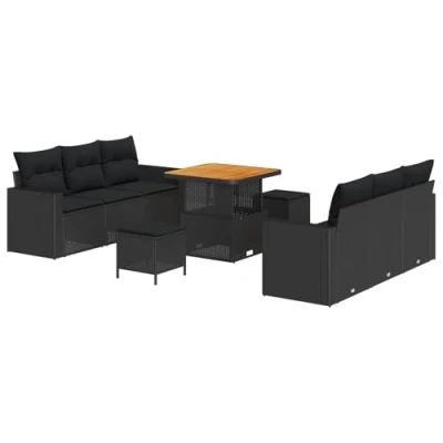 Afbeelding van vidaXL 9 delige Tuin Sofaset met Kussens Zwart Poly Rattan Acacia