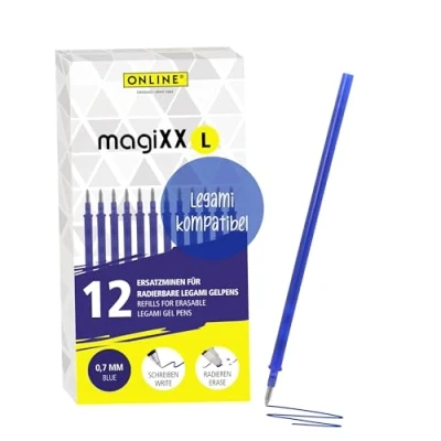 Afbeelding van Online 12 x uitwisbare reservevullingen, compatibel met Legami gelpennen magiXX L, blauw, 0,7 mm lijndikte, reservevulling voor gelpen, uitwisbaar, navullingen gelroller inkt