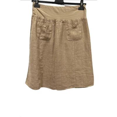 Afbeelding van Korte linnen rok ik kleur CAMEL elastische talie steek zakken Maat 40/42