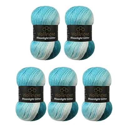 Afbeelding van Moonlight glitter Batik Simli 5 x 100 g breiwol 500 gram wol voor breien en haken 20% metallic Turkse kleurverloop (5200 petrol turquoise wit)