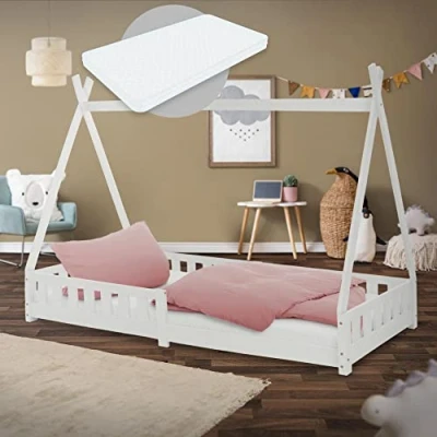 Afbeelding van Kinderbed met uitvalbeveiliging en lattenbodem 90x200 cm wit grenen hout ML Design