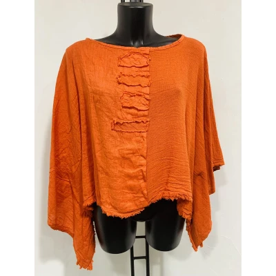 Afbeelding van Vintage linnen korte top bout hals raglan mouwen kleur ORANJE/BRIK one size