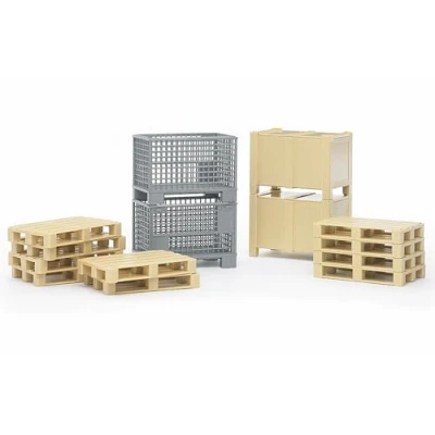 Afbeelding van bruder 02415 logistieke accessoires, 2 boxpallets, dozen, 10 pallets, verzending, vrachtwagentransporter, speelgoed