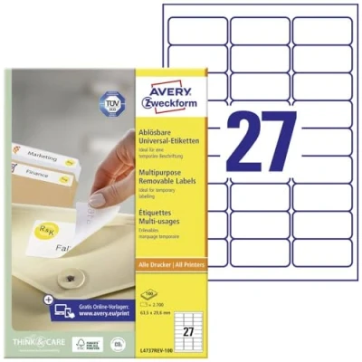 Afbeelding van Avery Zweckform L4737REV 100 Universele etiketten 63.5 x 29.6 mm Papier Wit 2700 stuk(s) Weer verwijderbaar Inkjet, Laser (zwart/wit), (kleur), Kopiëren