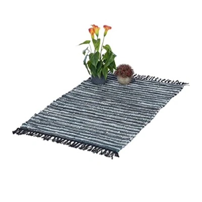 Afbeelding van Relaxdays vloerkleed leder en katoen binnenkleed 60 x 100 cm chill mat tapijt grijs