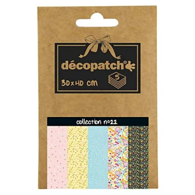 Afbeelding van Decopatch Pocket No22 Zak met 5 vellen bedrukt papier 30x40 cm, geassorteerd patroon (Refs 684 746 701 732 en 720)
