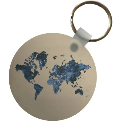 Afbeelding van Sleutelhanger Wereldkaart Blauw Glitter Plastic Rond Uitdeelcadeautjes