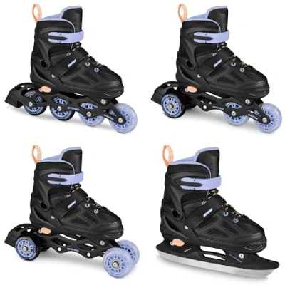 Afbeelding van SPOKEY QUATTRO Set 4 in 1 inlineskates/rolschaatsen/triskates/schaatsen VERSTELBAAR voor kinderen en jongeren inline skates om te bouwen tot rolschaatsen maten: 30 33, 34 37, 38 41 (zwart/paars,