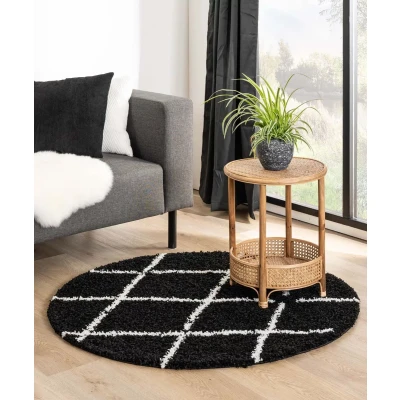 Afbeelding van Rond Hoogpolig Tapijt/Vloerkleed Ruiten Habitat Zwart/wit 120 Cm