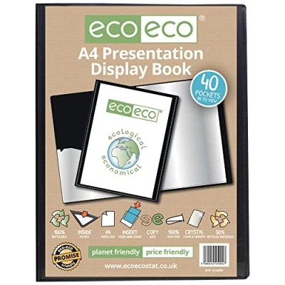 Afbeelding van eco A4 Grootte 50% Gerecycleerde 40 Pocket Zwart Presentatie Display Book, Storage Case Portfolio Art Map met Plastic Mouwen, eco004