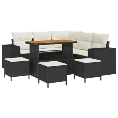 Afbeelding van vidaXL 9 delige Tuin Sofa Set met Kussens Zwart Poly Rattan Acacia, 4 Eettafel Acacia