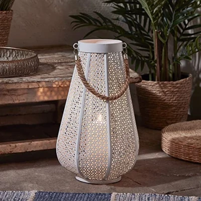 Afbeelding van Lights4fun Witte lantaarn met TruGlow® LED kaars net patroon buiten 38,5cm