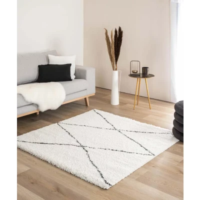 Afbeelding van Vierkant Hoogpolig Vloerkleed Ruit Artisan Wit/zwart 280x280 Cm
