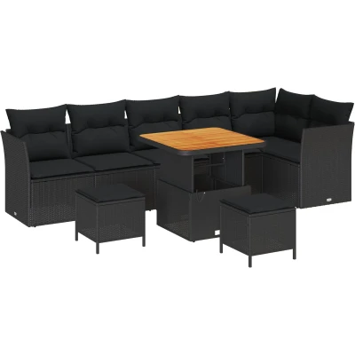 Afbeelding van vidaXL 9 delige Tuin Sofa Set met Kussens Zwart Poly Rattan Acaciahout, 3 Eet Acaciahout