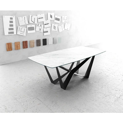 Afbeelding van Eettafel Edge bootsvorm 200x100cm Laminam® keramiek wit middenvoet vlak staal zwart