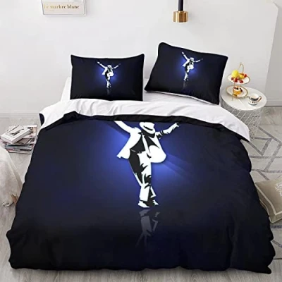 Afbeelding van LENTLY Michael Jackson Dekbedovertrekset, 3D beddengoedset, decoratief, microvezel, polyester, dekbedovertrek met kussenslopen, rits, 3 delige set, tweepersoons (200 x 200 cm)