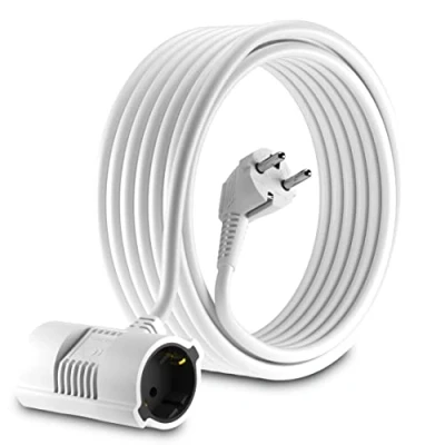 Afbeelding van MutecPower 10 meter Schuko verlengkabel met 2 voudige stopcontacten IP20 90 gebogen EU geaarde stekker en 2x koppelingen tot 250V 50Hz 16A 10m wit