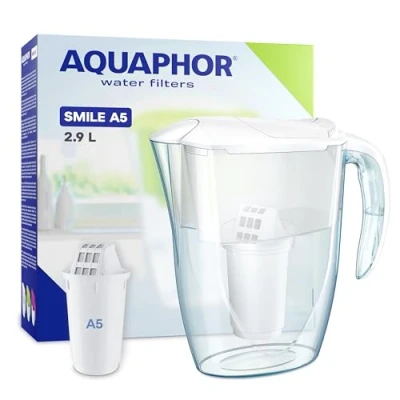 Afbeelding van AQUAPHOR Smile Waterfilterkan 2,9 l, past op koelkastdeuren, studentvriendelijk Lichtgewicht, ruimtebesparend, inclusief 1 x A5 350L filter, vermindert kalkaanslag, chloor, microplastics wit