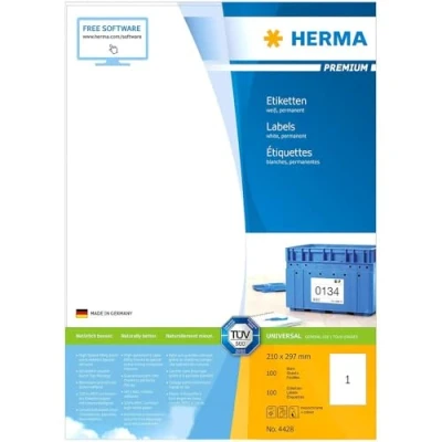 Afbeelding van HERMA 4428 Self Adhesive Multi Purpose Labels, 1 Label Per A4 Sheet, 100 Labels For Laser And Inkjet Printers, Large, 210 x 297 mm,Wit