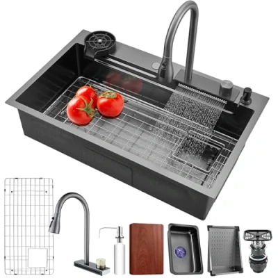 Afbeelding van Aanrecht 66 * 50 cm Keuken Waterval Gootsteen Roestvrij Staal Werkstation Enkele Spoelbak met Uittrekbare Kraan Alle Accessoires Inbegrepen