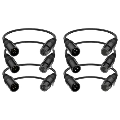 Afbeelding van J&amp;D XLR Kabel, Mannelijk naar Vrouwelijk 3 Pins en 5 Audiokabel, 6 Pack DMX Verlichtingskabel, 30 cm