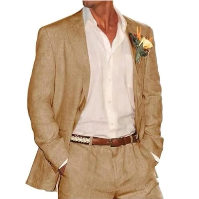 Afbeelding van Heren Slim Fit Notch Revers Linnen 3 delig Zakelijk Pak Bruiloft Groomsmen Smoking, Kaki, 52