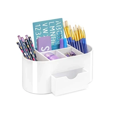 Afbeelding van OSCO Hoogglans kunststof bureauorganizer met lade, opgeruimd bureau pennenhouder make upcontainer potloodopslag 6 compartimenten cosmetische display briefpapier caddy H10,5 x B23 D12