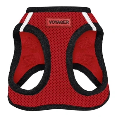 Afbeelding van Voyager Step in Air Hondentuig, mesh voor alle weersomstandigheden, reflecterend, tegen trekken, kleine, middelgrote honden, katten, met klittenband, gesp, dubbele D ringen, rood/zwarte bies, L