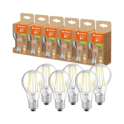 Afbeelding van LEDVANCE LED spaarlamp, glazen gloeilamp, E27, warm wit (3000K), 4 watt, vervangt 60W zeer efficiënt en energiebesparend, pak van 6