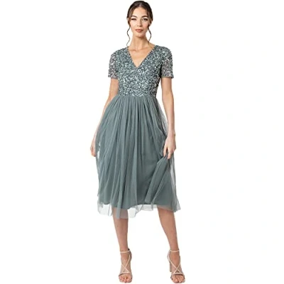 Afbeelding van Maya Deluxe Dames Verfraaide Midi Avondjurk V hals met Korte Mouw voor Prom Bruiloft Bruidsmeisje, Misty Groen, 34