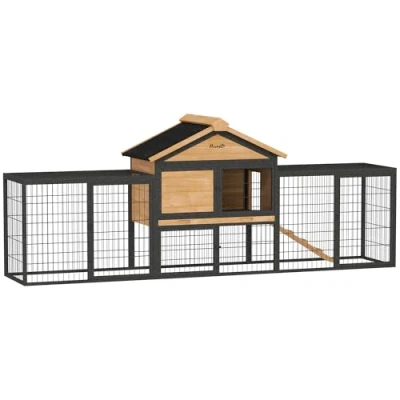 Afbeelding van PawHut Hasenstall 2 Ebenen mit Satteldach Kaninchenstall aus Vollholz Winterfest Doppelstockhaus Freilaufgehege 217x53x86 cm Kaninchenkäfig Outdoor Kleintierstall für Hasen Kaninchen Gelb