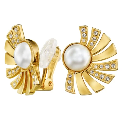 Afbeelding van Traveller Clip Oorbellen Dames Oorclips Goudkleurig Parels 8 mm Wit Kristal Waaier Verguld 22kt 114267