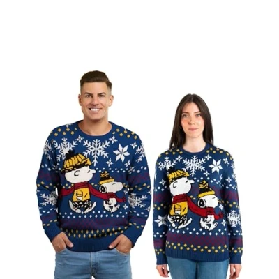 Afbeelding van United Labels Snoopy kersttrui, uniseks, blauw, gebreide wintertrui, pullover voor heren en dames, XXL