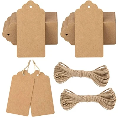 Afbeelding van G2PLUS Kraft Paper Gift Tags 100 stuks grote effen cadeaulabels 5 x 10 cm bruine blanco etiketten met koord voor geschenken, 300 g/m²