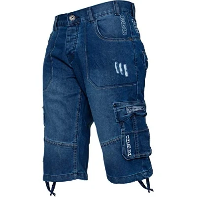 Afbeelding van Enzo Combat short voor heren, cargozakken, informeel, knielengte, jeans, denim broek, Blauw, 38W