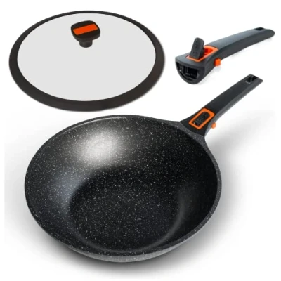 Afbeelding van Pep Inductie Wok Non Stick met Deksel en Afneembare Handvat Compatibel Werkt ook op Gas Elektrische Kookplaten 29cm