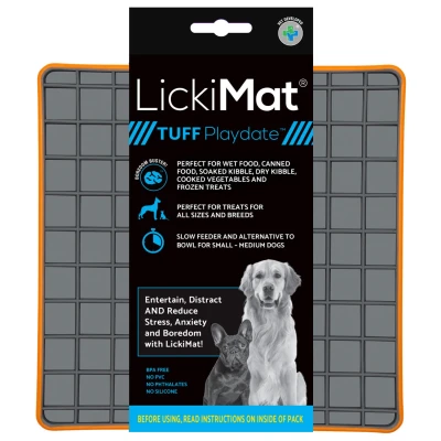 Afbeelding van Lickimat Playdate Tuff Reducerende Stress Voermat 20x20 cm Hondenvoerbak Oranje&amp;Grijs