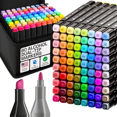 Afbeelding van Artistro 80 Dual Tip Alcoholmarkers Set van met Beitel en Fijne Punt, Sneldrogend, Inclusief Draagtas