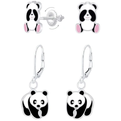 Afbeelding van JoyS Zilveren Panda oorbellen set 2 paar leverback sluiting screwback