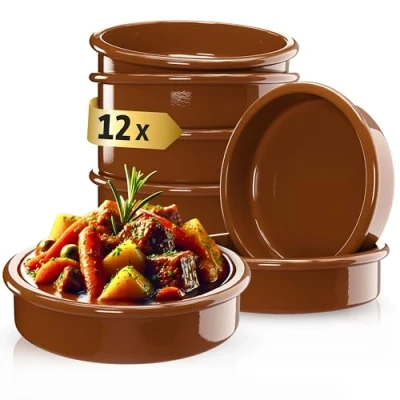 Afbeelding van ToCi 12 delige set tapas kommen, bruin, ovenschaal, 175 ml cazuela schaal, dessertschaal, mediterran, Ø 11,5 cm, traditioneel aardewerk uit Spanje