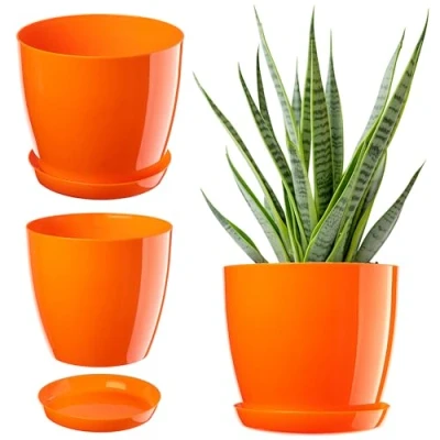 Afbeelding van Kadax bloempot, plantenpot met onderschotel, ronde bloempot voor binnenshuis, elegante sierpot van kunststof, bloemen en planten, lichtgewicht (Ø 14 cm, oranje)