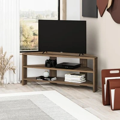 Afbeelding van HOCUS PICUS Hoek TV meubel met 2 Planken voor Woonkamer of Kantoor Modern Design Kast 32 inch TV’s Meerdere Kleuropties Interieurdecoratie (Donker Eiken Effect)