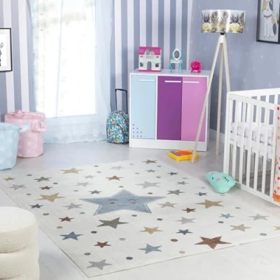 Afbeelding van SURYA Vloerkleed Machinewasbaar Kinderkamer, KinderTapijt, SpeelTapijt Sterren SUPERMAMA Meerkleurig/Blauw 140x200cm