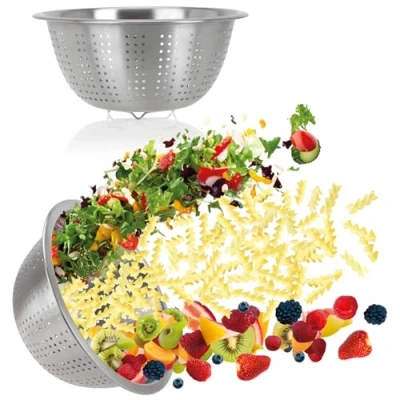 Afbeelding van COM FOUR® 2x keukenzeef van roestvrij staal klassieke pastazeef vergiet voor het wassen fruit, groenten en salade ronde afdruipzeef zeef keukenaccessoires metaal (2 stuks Ø 24cm)