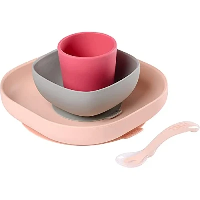 Afbeelding van Béaba Serviesset van siliconen, voor babyvoeding, met zuignap, antislip, 4 delig, bord + kom glas lepel, gezonde en duurzame vaatwasmachinebestendig, magnetronbestendig, Roze/Grijs