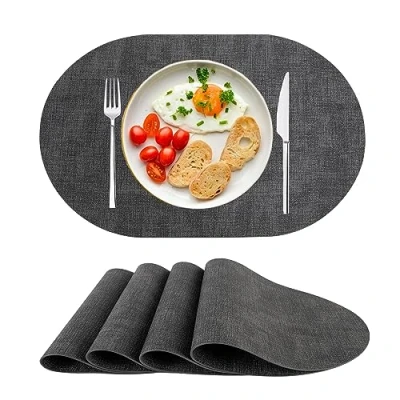 Afbeelding van Placemats, afwasbaar, 4 delige set, PU leer, hittebestendig, antislip, voor eettafel, keuken, ovaal, zwart