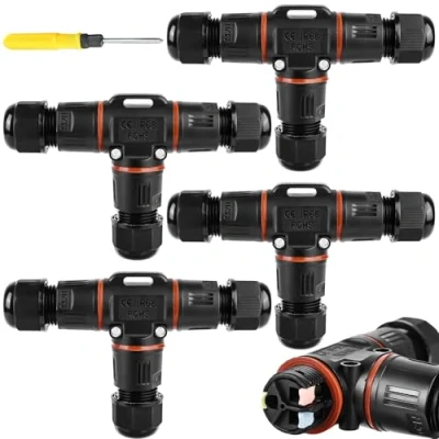 Afbeelding van 4 stuks 3 polige kabelverbinders, waterdicht IP68, T vormige waterdicht, aardkabel, verbindingsmof voor Ø 12 mm kabeldiameter, 2 weg waterdichte aansluitdoos tuin,